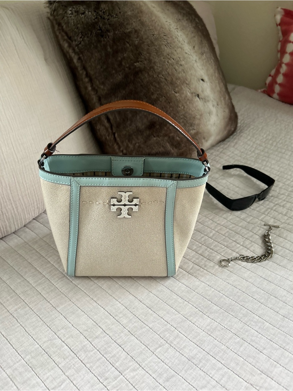 Tory Burch McGraw bucket canvas small tote bag cream blue - Picture 2 of 16